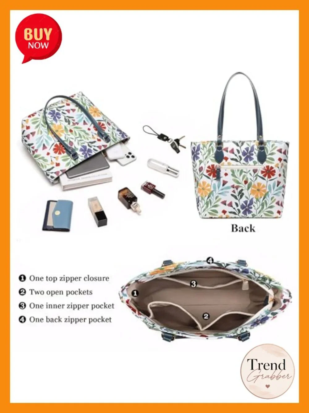 Nylon Tote Bag with Zipper and Pockets, Waterproof